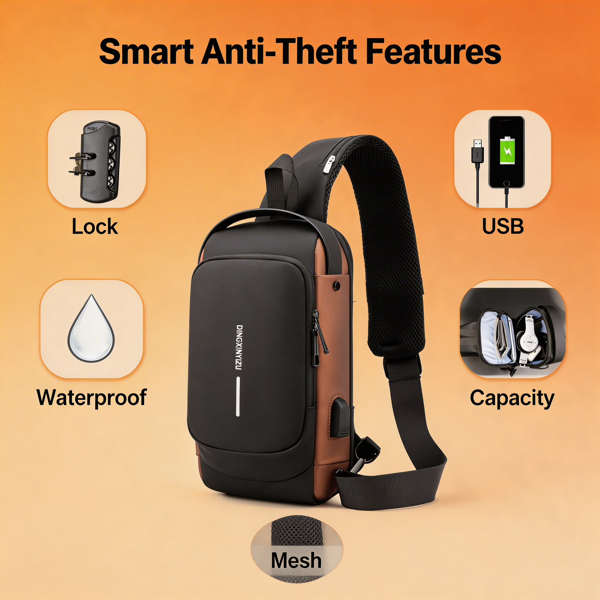 Anti-Theft Crossbody Bag with Built-in USB Charging Cable